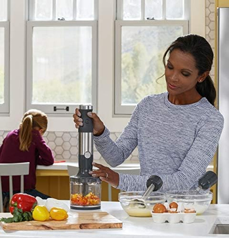 GE Immersion Blender | Handheld Blender for Shakes, Smoothies, Baby Food & More | Includes Whisk & Blending Jar | 2-Speed | Interchangeable Attachment for Easy Clean | 500 Watts | Stainless Steel
