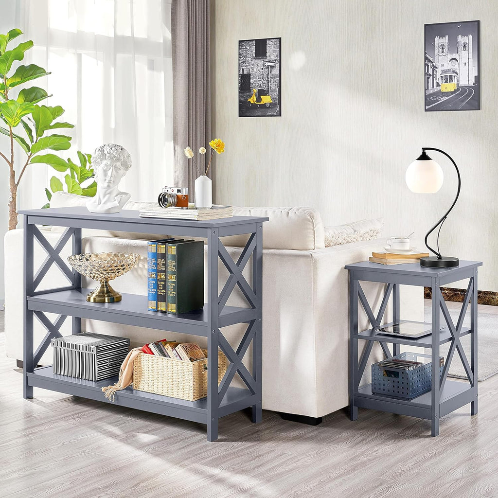 Yaheetech 42"L Console Table 3-Tier Narrow X-Frame Open Storage Shelf, Gray | Sofa Table for Entryway, Hallway and Living Room, Slim 14" Depth, Powder-Coated MDF, 88 Lb Top Load, Easy Assembly