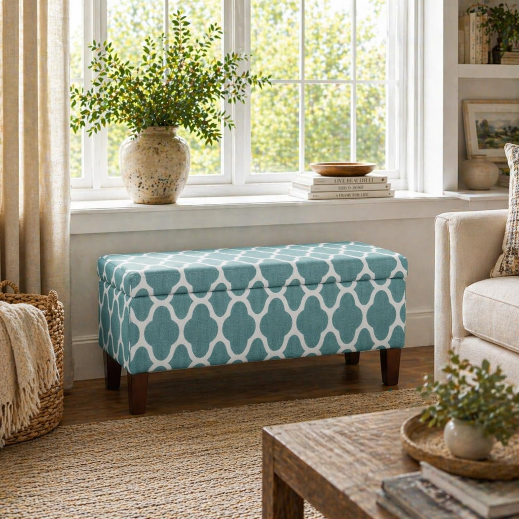 36" Storage Ottoman Bench with Hinged Lid - Teal Blue Geometric
