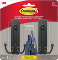 Command Large Matte Black Double Hooks, 2 Hooks and 2 Strips, Damage Free Hanging Wall Hooks with Adhesive Strips, No Tools Coat Hooks for Hanging Home Decor, Holds up to 4 Lb