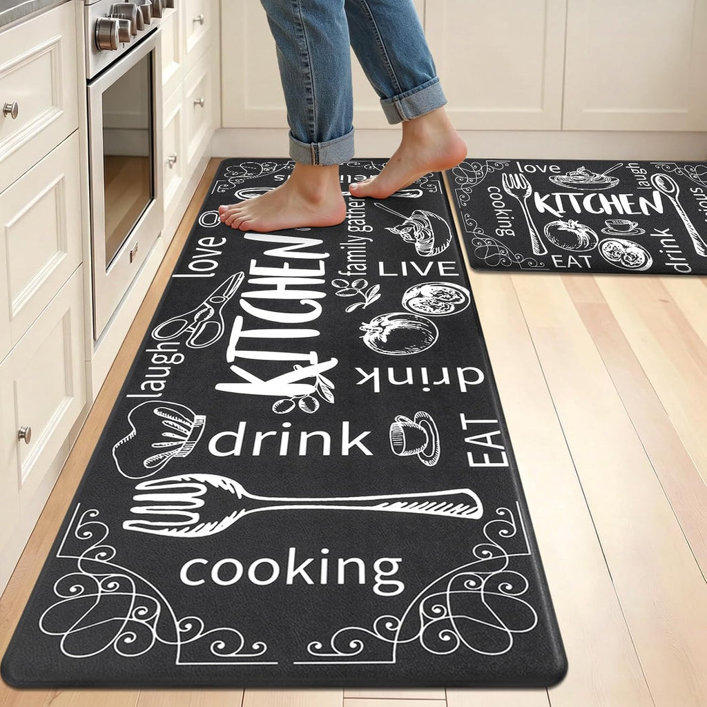 anti Fatigue Kitchen Rugs Set of 2, Cushioned Kitchen Mats for Floor | Non Slip Farmhouse Kitchen Rug and Runner Set, Waterproof Comfort Kitchen Floor Mat Carpet for Sink, Standing Desk, Laundry