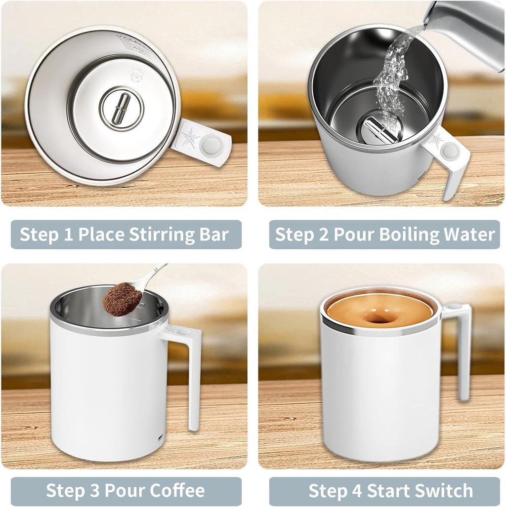 Self Stirring Mug, 12.2 Oz Self Stirring Coffee Mug with Magnetic Stirrer & Anti-Sedimentation, Rechargeable Auto Magnetic Coffee Mug for Coffee, Milk, Hot Cocoa (White)