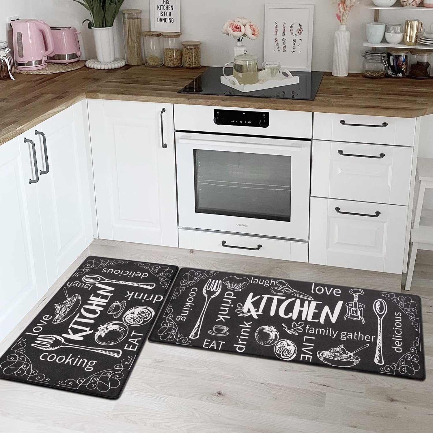 anti Fatigue Kitchen Rugs Set of 2, Cushioned Kitchen Mats for Floor | Non Slip Farmhouse Kitchen Rug and Runner Set, Waterproof Comfort Kitchen Floor Mat Carpet for Sink, Standing Desk, Laundry