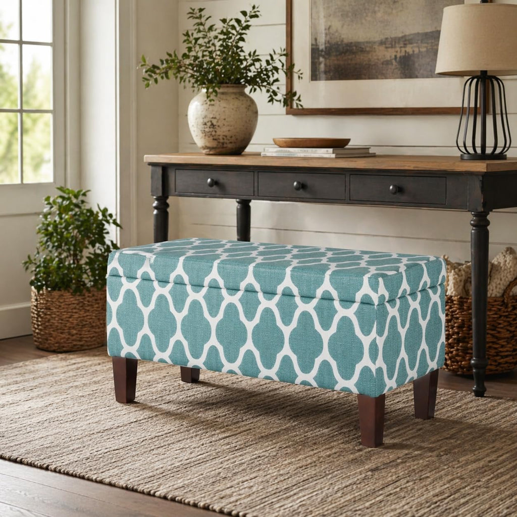 36" Storage Ottoman Bench with Hinged Lid - Teal Blue Geometric