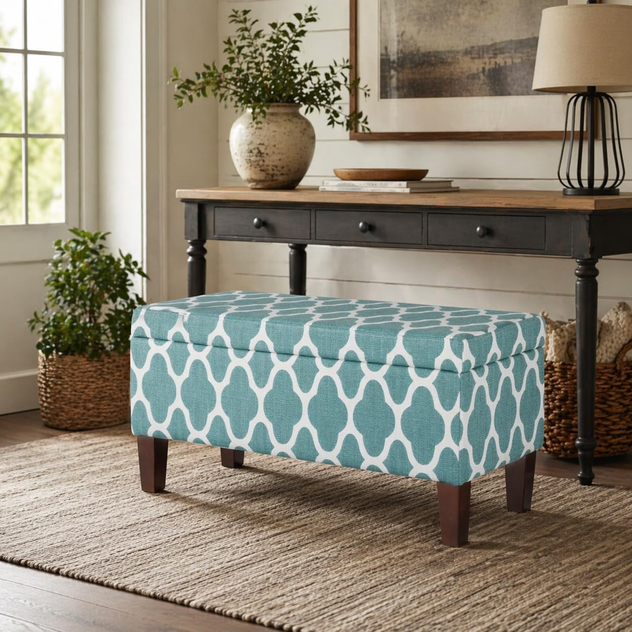 36" Storage Ottoman Bench with Hinged Lid - Teal Blue Geometric